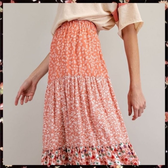 EASEL Mixed Floral Print Midi or Maxi Cottagecore Tiered Prairie Skirt W/Lining - Picture 13 of 16